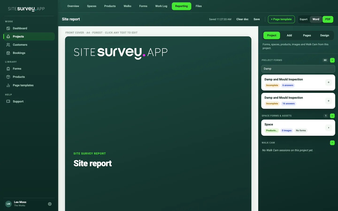 The SiteSurvey report builder showing the front cover of a report and the Project tab listing the project's forms, spaces and Walk Cam sessions ready to add.