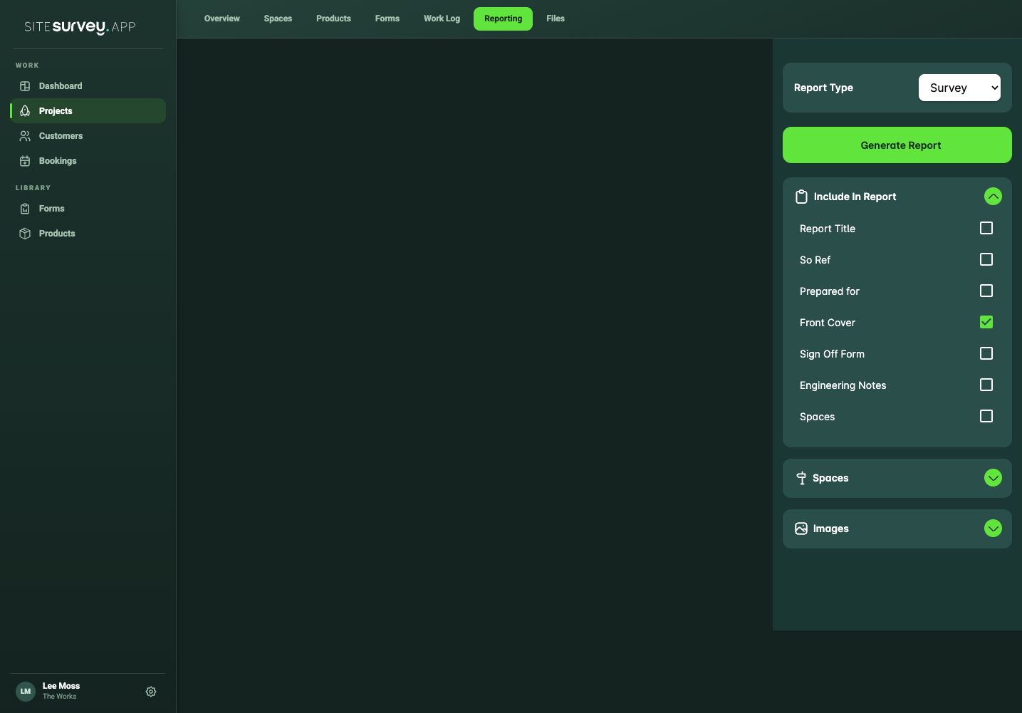 SiteSurvey project reporting screen showing report type and options for including project, space, image and sign-off information.