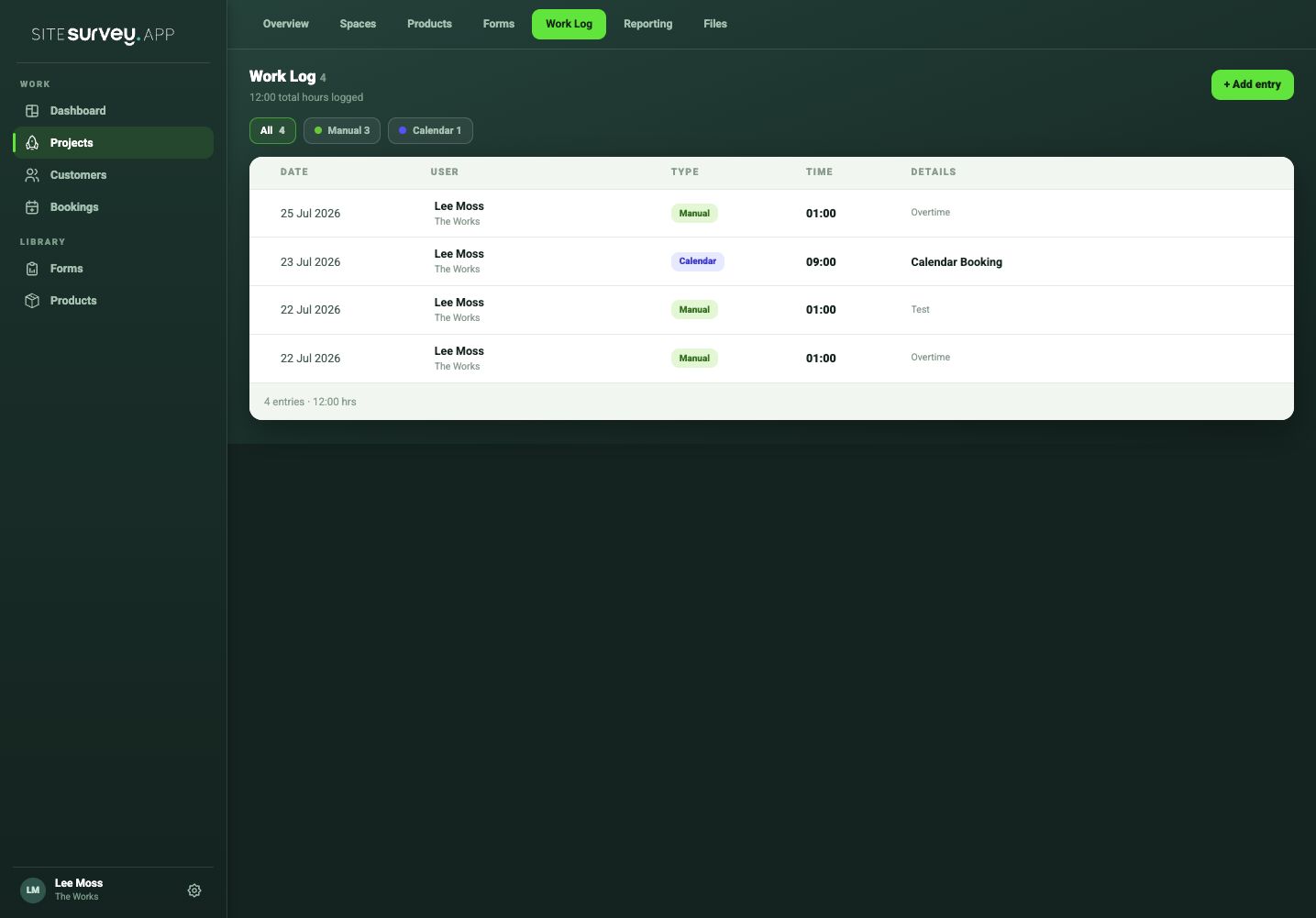 SiteSurvey project work log showing manual and calendar time entries with the total hours recorded.