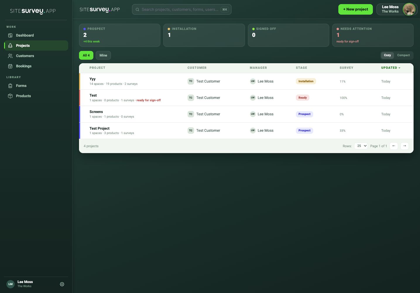 SiteSurvey projects overview showing project stages, customers, managers, survey progress and recently updated jobs.