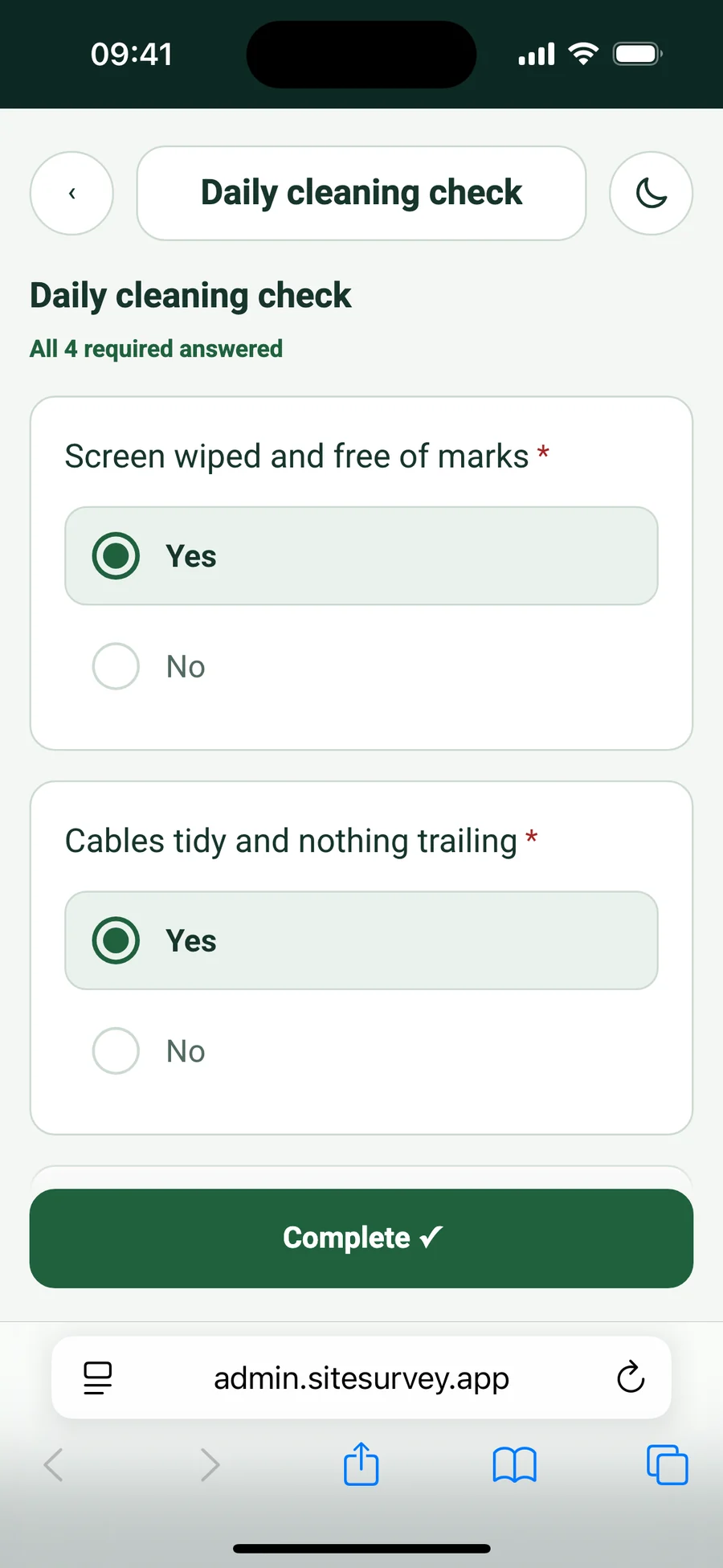 The Daily cleaning check form in Safari on an iPhone with Yes answers and a Complete button
