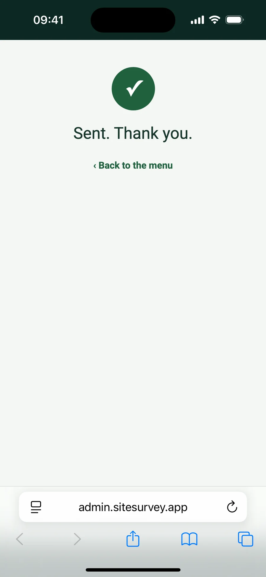 The confirmation in Safari on an iPhone: a tick and Sent. Thank you.