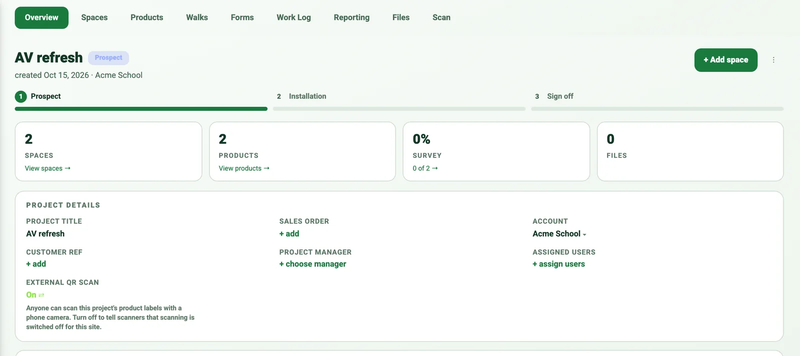 A project Overview in the SiteSurvey dashboard with the External QR scan switch set to On