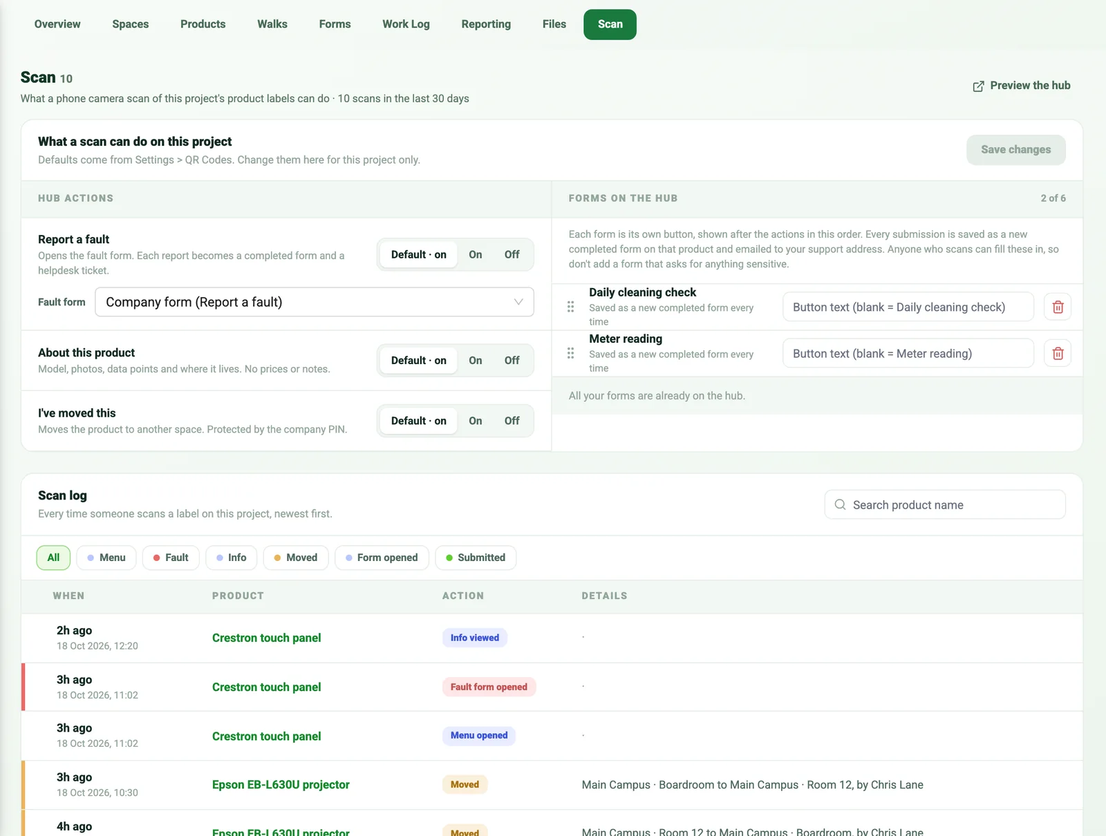 The project Scan tab: Report a fault, About this product and I've moved this each set to Default, On or Off, a fault form picker, and two forms added to the scan page