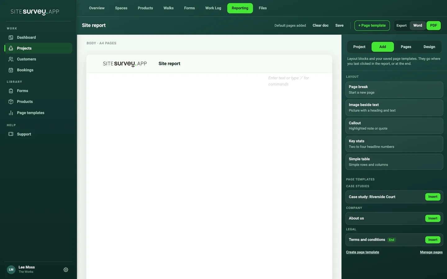 The Add tab of the report builder listing layout blocks and the page templates Case study: Riverside Court, About us and Terms and conditions, each with an Insert button.