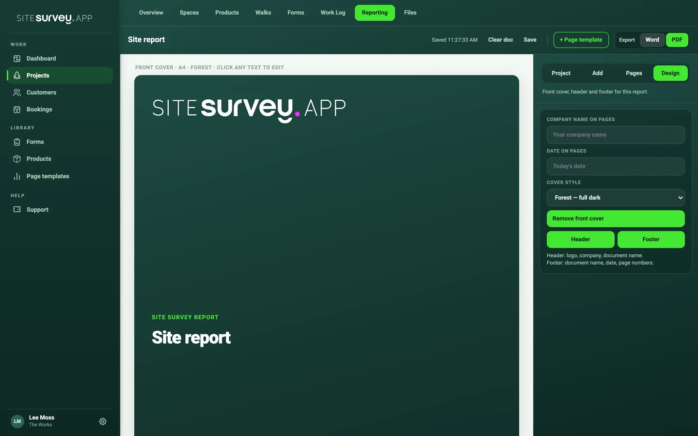 The Design tab with fields for the company name and date on pages, a cover style menu and Header and Footer switches.