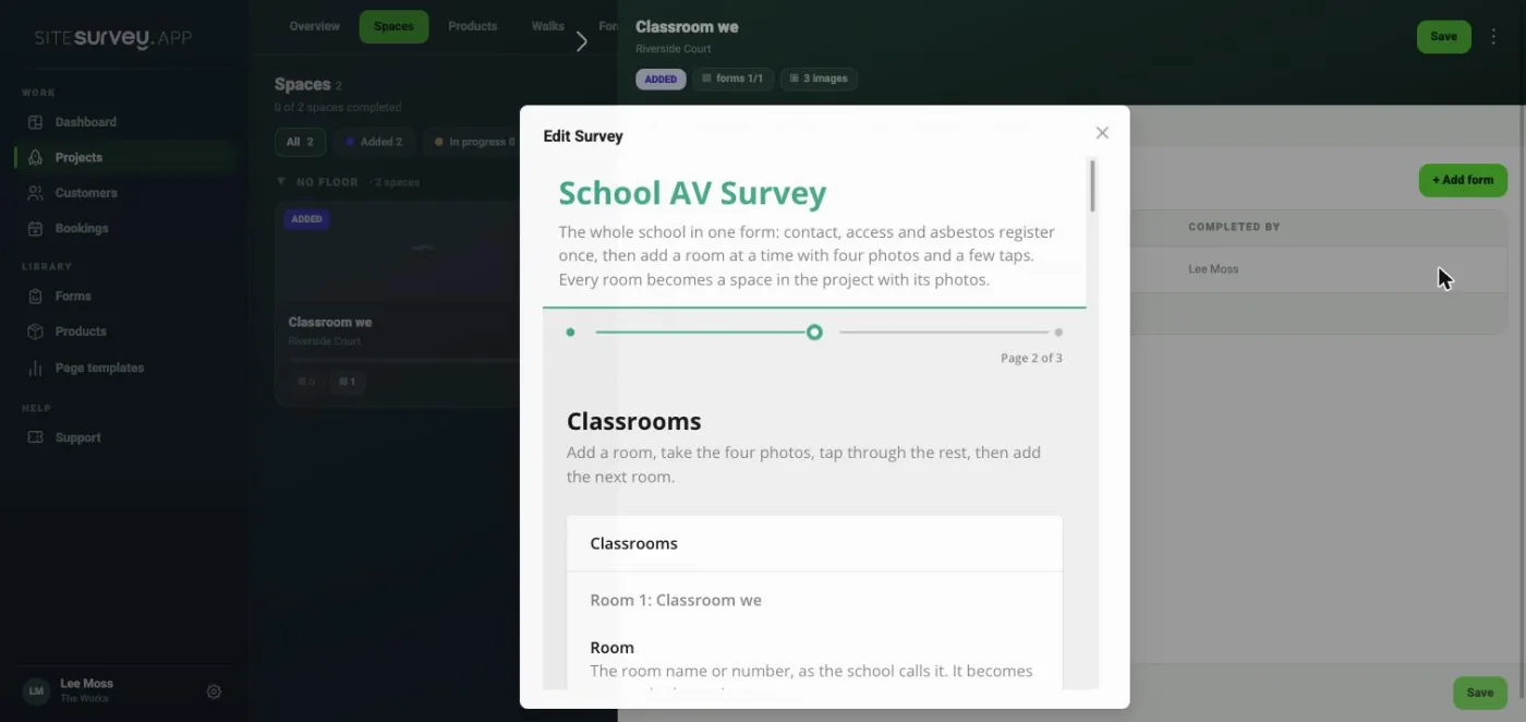 A School AV Survey opened from the Classroom we space on the dashboard, page 2 of 3, showing a single room, Room 1: Classroom we.