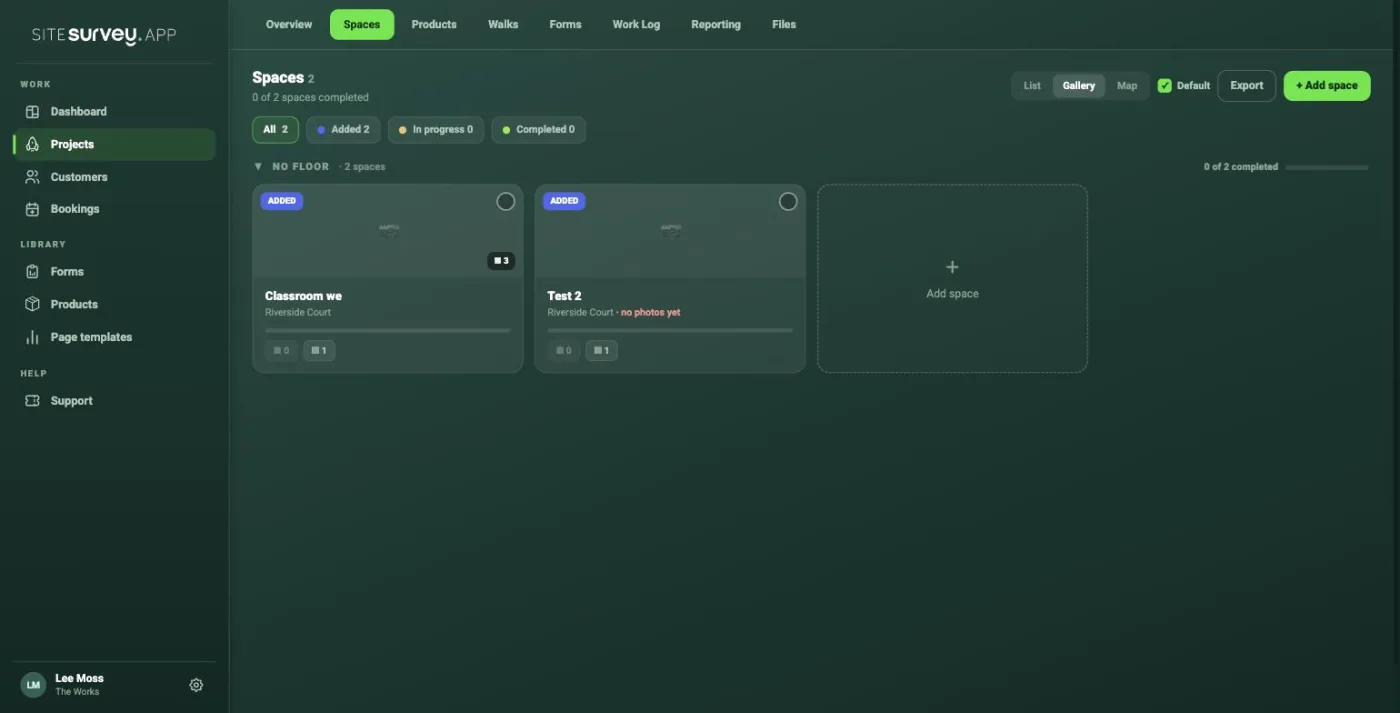 The Spaces tab of a project on the SiteSurvey dashboard showing two spaces created from a form: Classroom we with three photos and Test 2 with none.