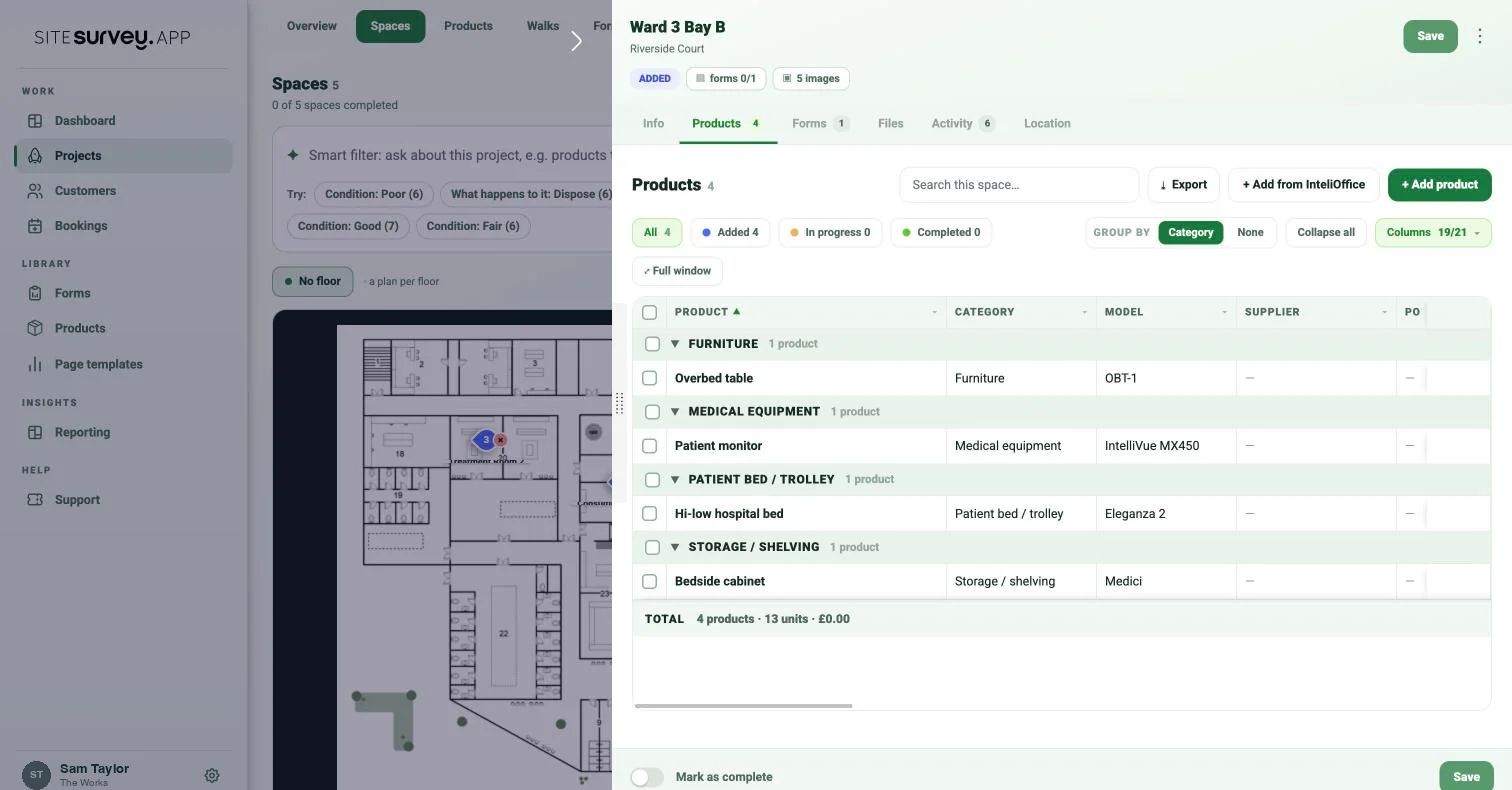 Clicking a pin on the space map opens the space drawer with its details, products and photos alongside the plan