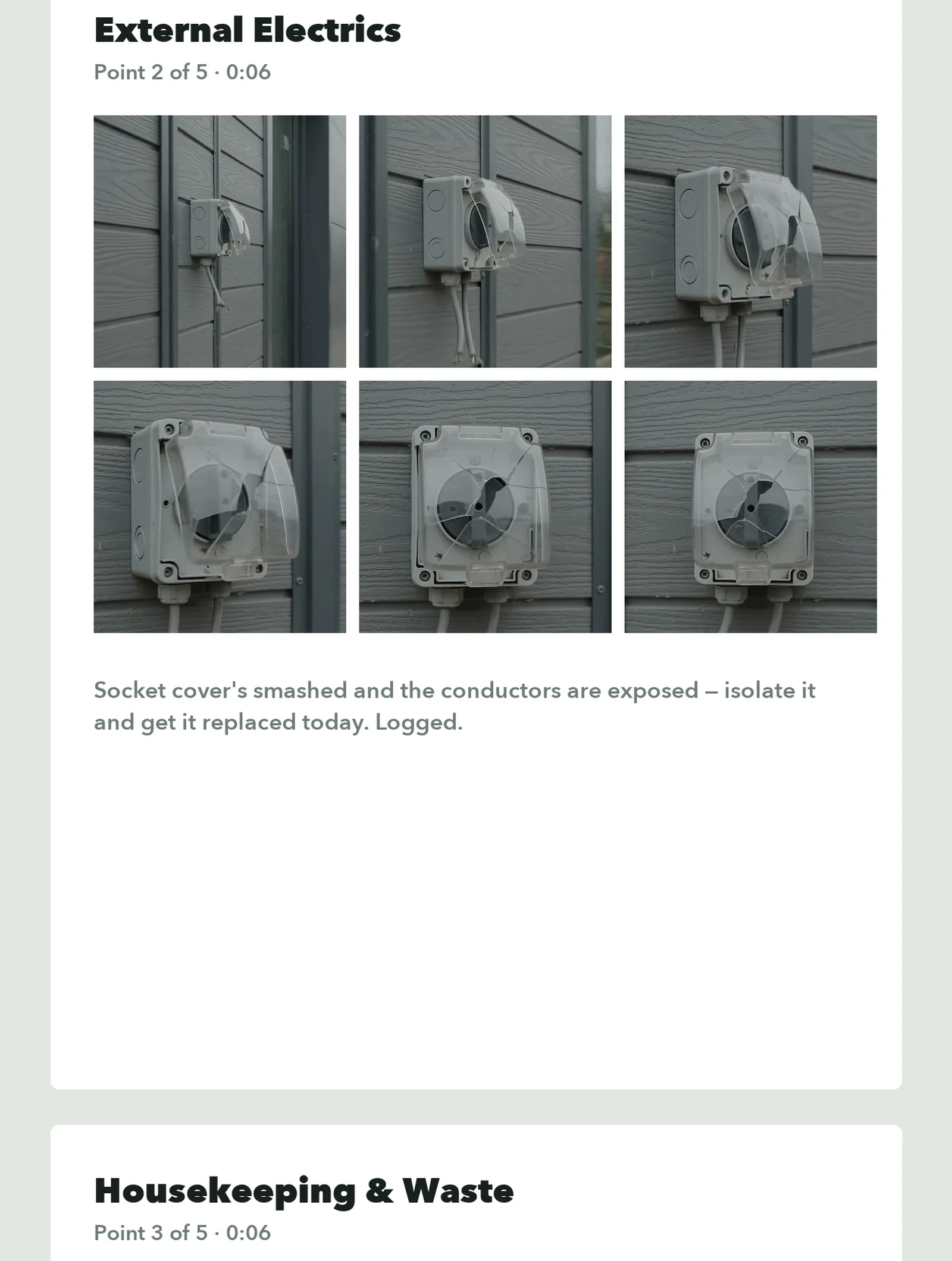 The finished PDF report page for External Electrics: six still frames pulled from the clip, with the transcribed answer beneath