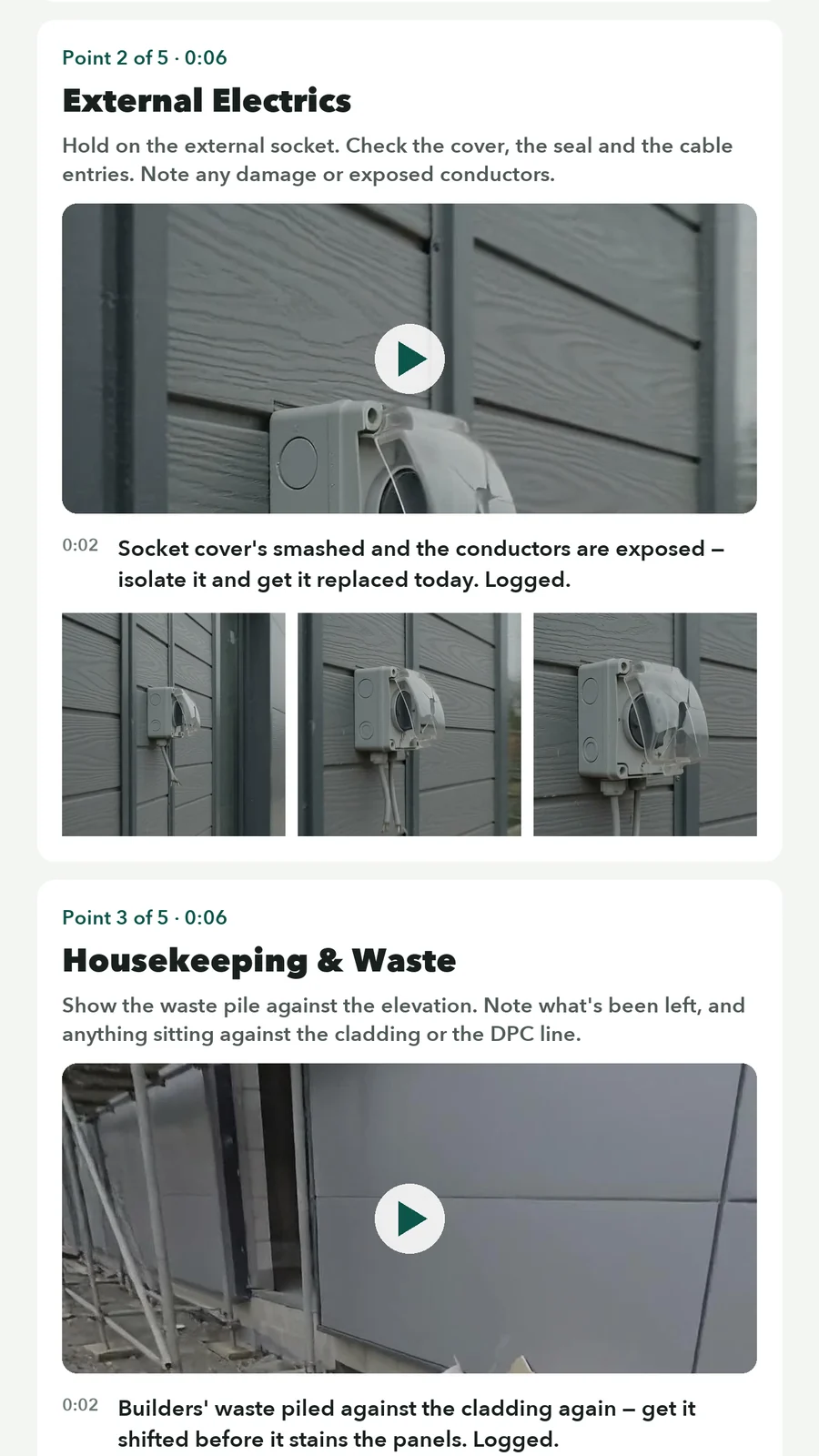 The External Electrics point in the finished walk: the question, its video clip, still frames, and the spoken answer written out — socket cover smashed, conductors exposed, isolate and replace today