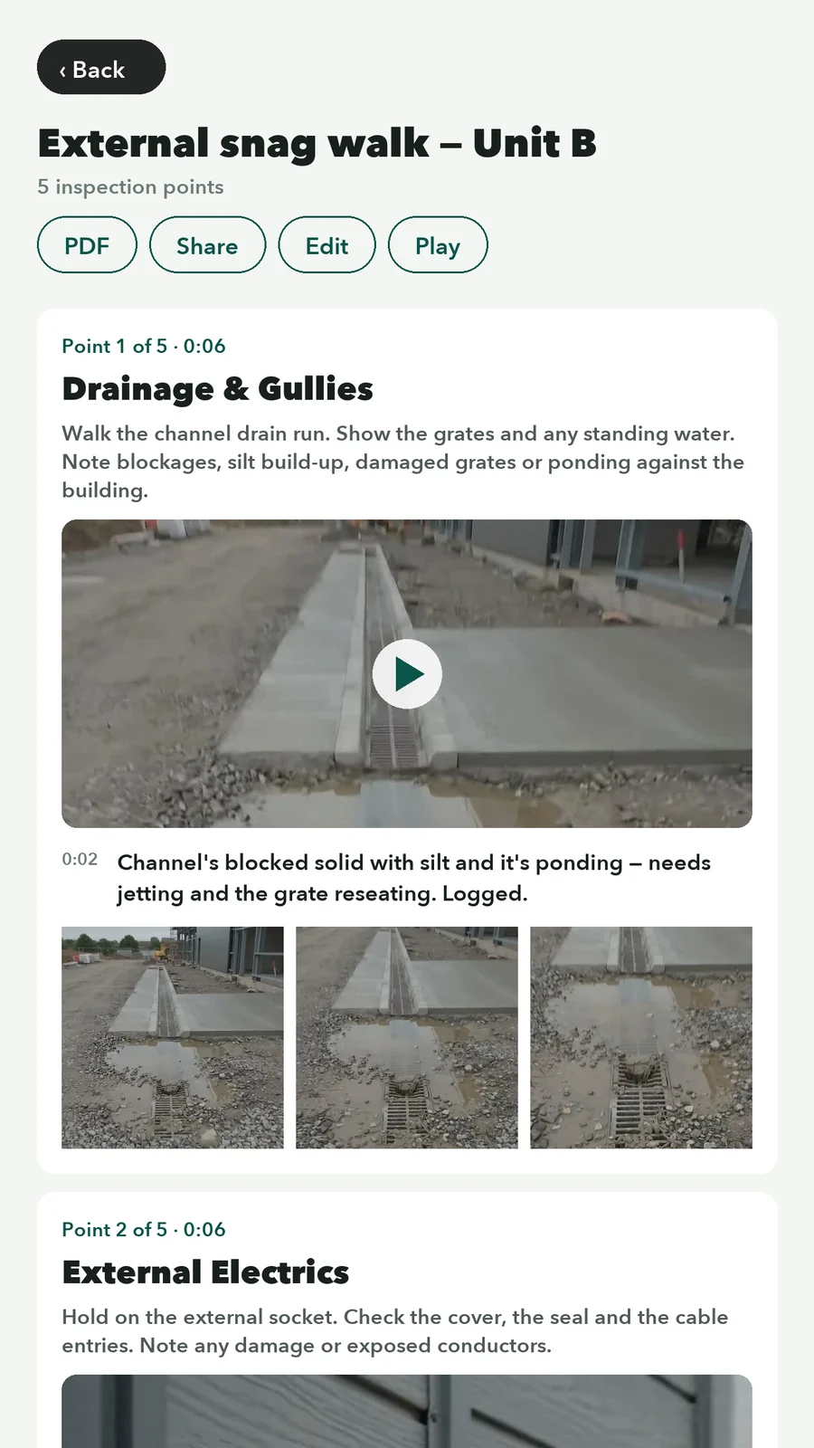 A finished Walk Cam report — External snag walk, Unit B, five inspection points, each with its clip, still frames and transcribed answer, ready to share as a PDF or link