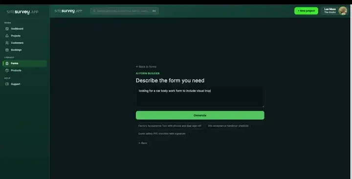 The SiteSurvey AI form builder assembling an inspection form field by field from a plain-English description