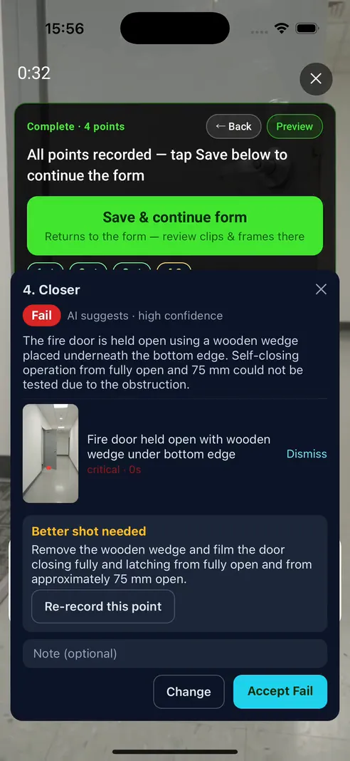 Screen recording: a door wedged open is flagged and the inspector taps Accept Fail