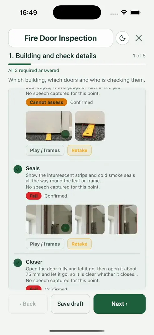 Screen recording: the form shows each point with its confirmed verdict and boxed photos