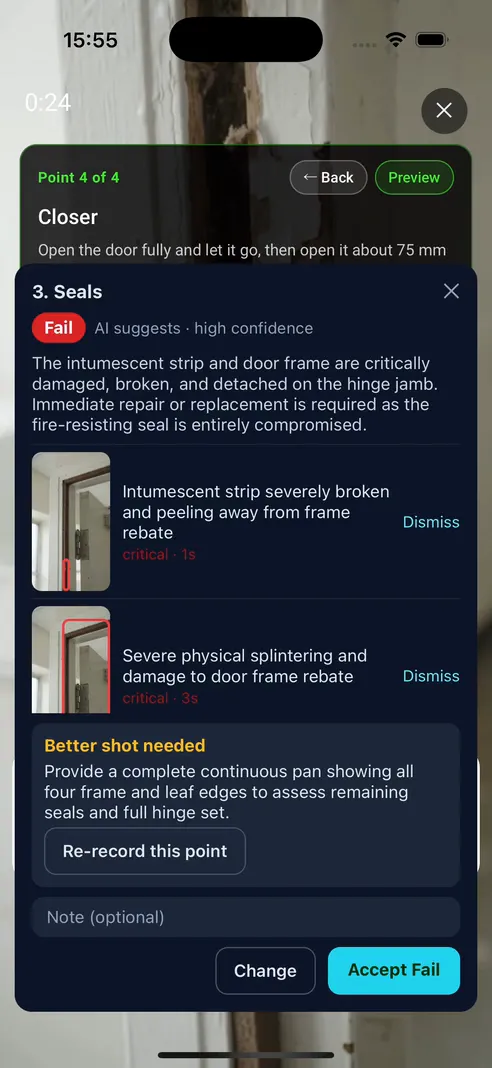 Screen recording of the AI inspector on a fire door walk: the Seals point is filmed, the findings sheet suggests Fail with the torn strip boxed in red on a still, Accept Fail is tapped, and the form shows the confirmed verdicts with the boxed stills