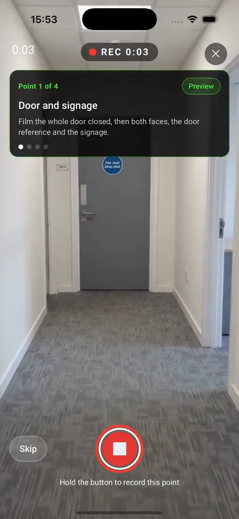 Screen recording: the inspector films point 1 of 4 on a fire door