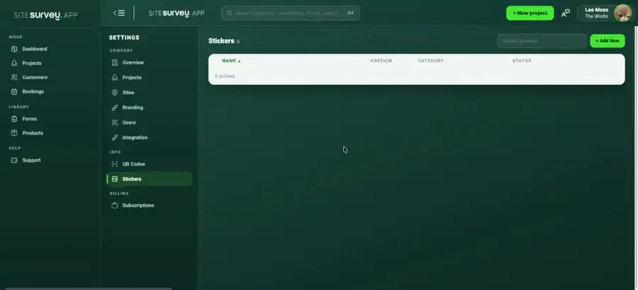Adding a sticker to the company library in SiteSurvey Settings, uploading the image and filing it under a category