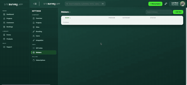 Adding a sticker to the company library in SiteSurvey Settings — uploading the image and filing it under a category