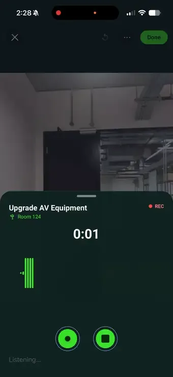Recording a spoken note against an annotated site photo in SiteSurvey, the waveform builds and the words appear as written text beneath the photo