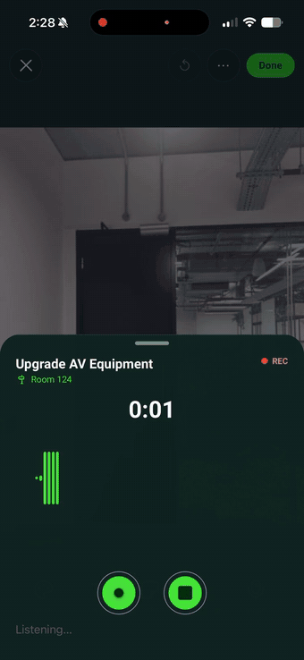 Recording a spoken note against an annotated site photo in SiteSurvey — the waveform builds and the words appear as written text beneath the photo
