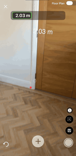 Measuring a door opening in augmented reality — tapping corner to corner to capture a 2.03m height