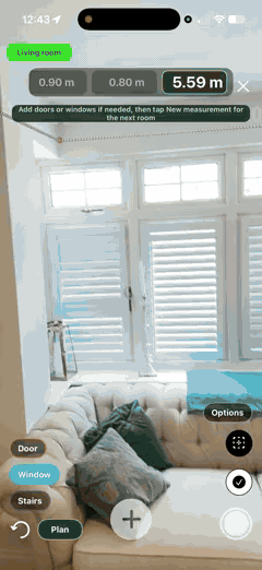 Tapping Window, then marking across a shuttered window — a 2.33m window is added to the plan