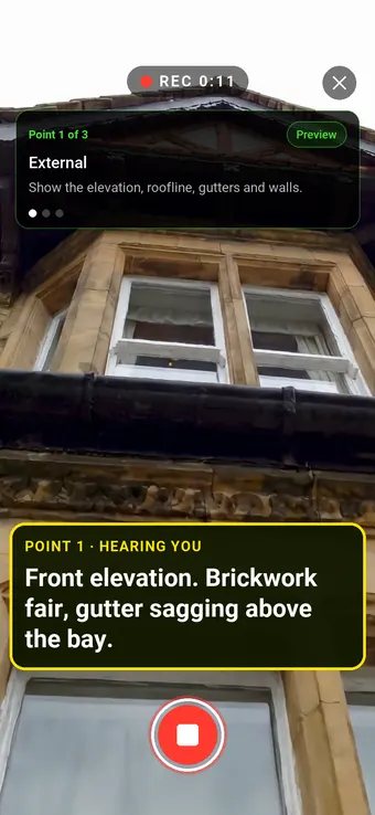 Walk Cam recording the front elevation of a Victorian terraced house, with the point card and the live transcription on screen