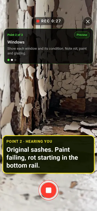 An original sash window with peeling paint, with the Walk Cam point card and live transcription