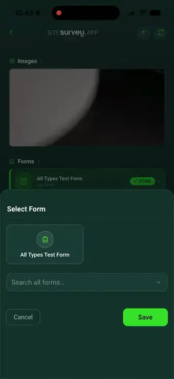 Capturing site evidence in the SiteSurvey app, completing a form, attaching photographs, recording a transcribed voice note and filming a video inspection point