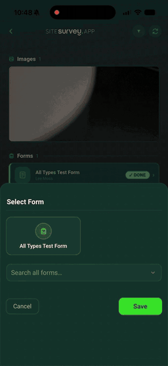 Capturing site evidence in the SiteSurvey app — completing a form, attaching photographs, recording a transcribed voice note and filming a video inspection point