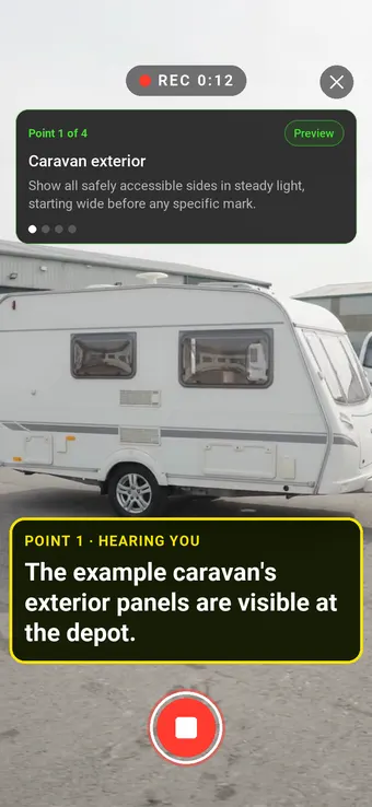 Walk Cam recording Caravan exterior: the REC badge, guided instruction, held record control and example observation appearing word by word