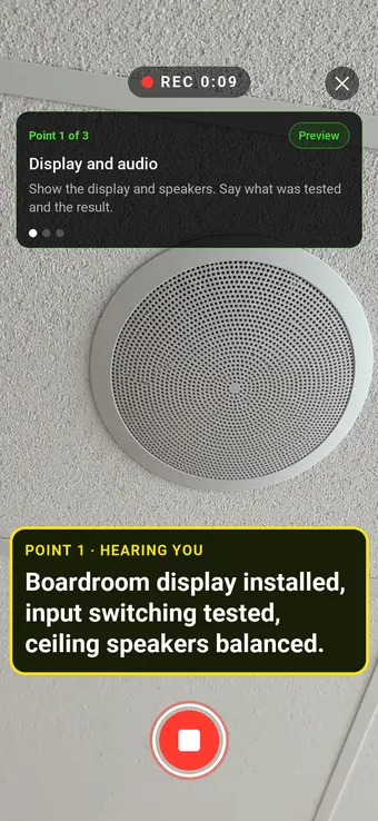 Walk Cam commissioning a meeting room display and ceiling speaker, with the point card and the engineer's test results transcribed live