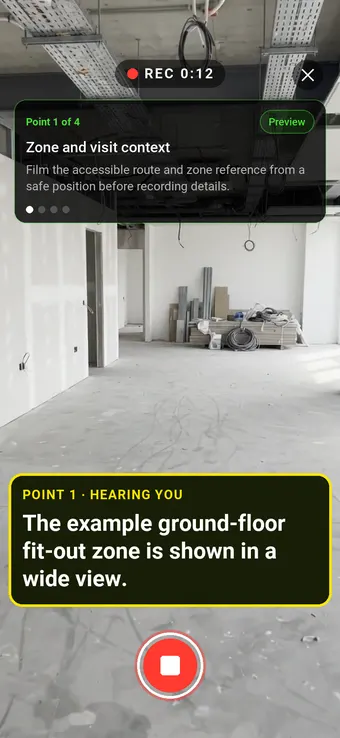 Walk Cam recording Zone and visit context: the REC badge, guided instruction, held record control and example observation appearing word by word