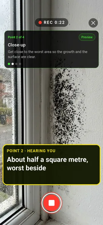 Close-up of mould growth beside a bedroom window, with the Walk Cam point card and live transcription