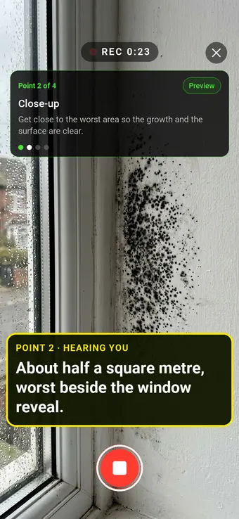Close-up of mould growth beside a bedroom window, with the Walk Cam point card and live transcription