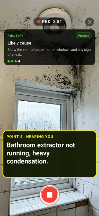 A mouldy bathroom ceiling above a misted window, with the Walk Cam point card and live transcription