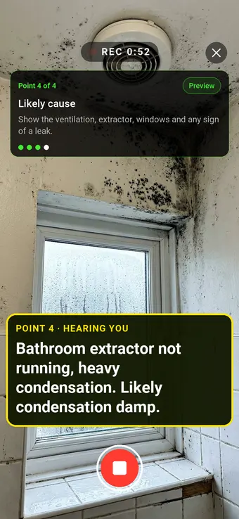 A mouldy bathroom ceiling above a misted window, with the Walk Cam point card and live transcription