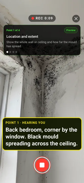 Walk Cam recording a black mould patch in a bedroom ceiling corner, with the point card and the live transcription on screen