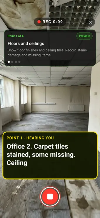 Walk Cam recording an empty office with stained carpet and water-damaged ceiling tiles, with the point card and the live transcription on screen