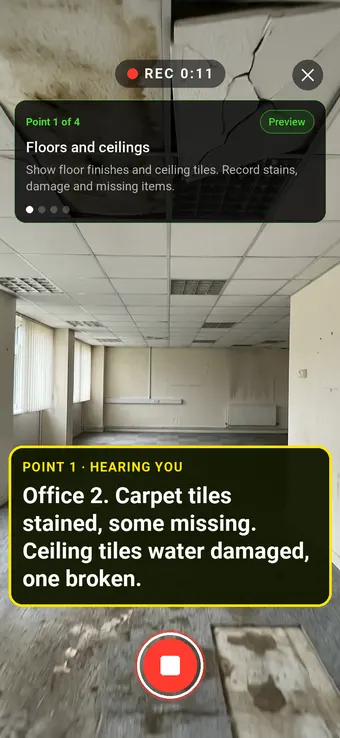 Walk Cam recording an empty office with stained carpet and water-damaged ceiling tiles, with the point card and the live transcription on screen