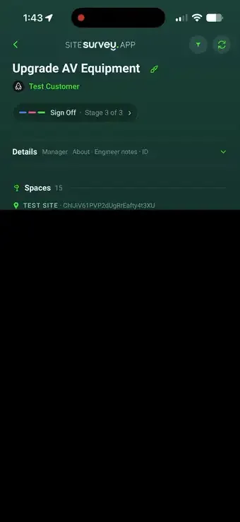 Adding an expense in SiteSurvey: photographing a receipt, the app reading it, the line items and total filling in, and the expense landing on the project