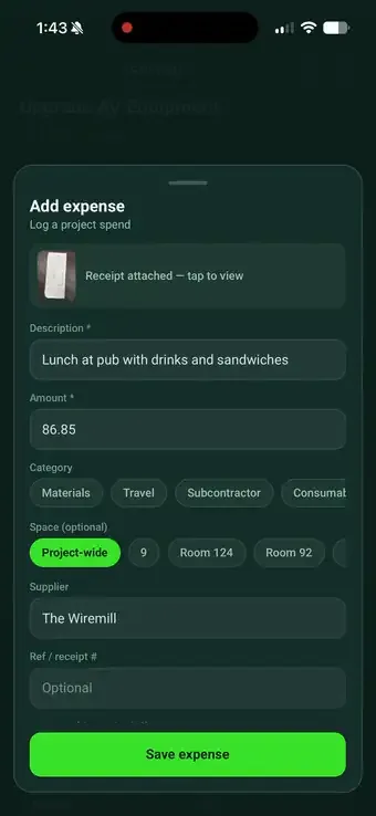 The extracted receipt line items listed in SiteSurvey with individual prices and a total