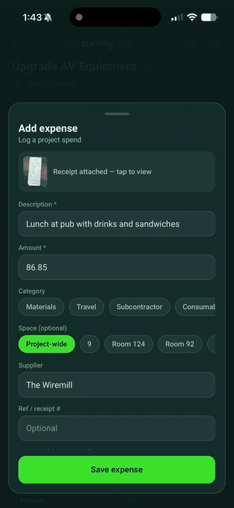 The extracted receipt line items listed in SiteSurvey with individual prices and a total