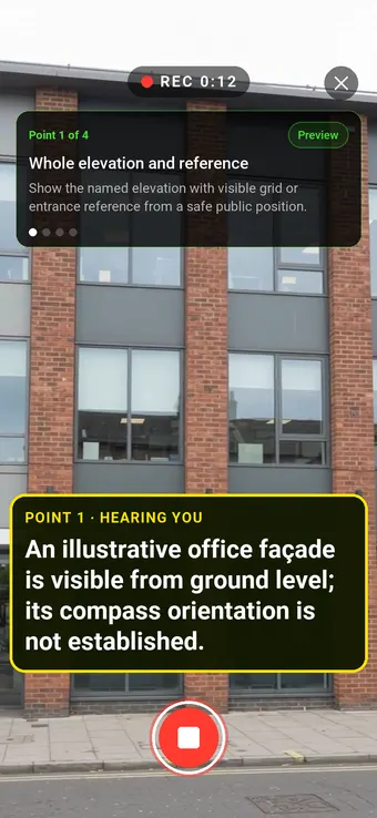 Walk Cam recording Whole elevation and reference: the REC badge, guided instruction, held record control and example observation appearing word by word