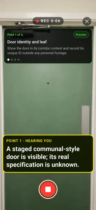 Walk Cam recording Door identity and leaf: the REC badge, guided instruction, held record control and example observation appearing word by word