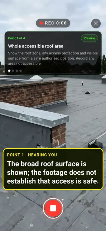 Walk Cam recording Whole accessible roof area: the REC badge, guided instruction, held record control and example observation appearing word by word