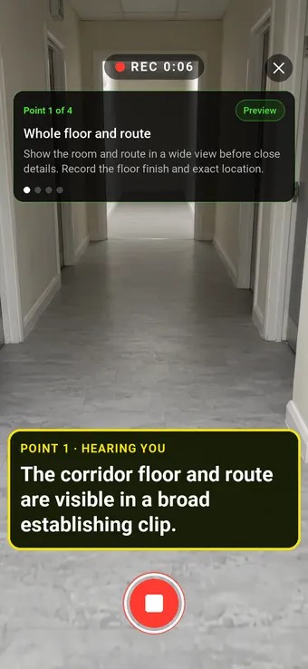 Walk Cam recording Whole floor and route: the REC badge, guided instruction, held record control and example observation appearing word by word