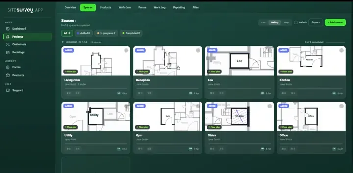 The SiteSurvey web portal switching from the Spaces gallery — eight rooms each with its own plan and progress — to the Map view showing the finished measured floor plan of the whole floor
