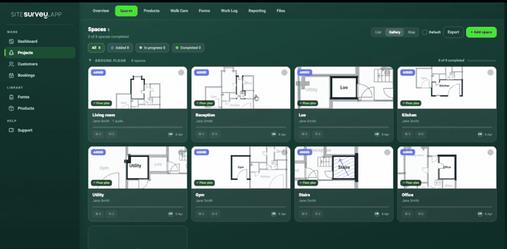 The web dashboard switching from the Spaces gallery to the Map view, showing the finished floor plan with every room, door and stair laid out and measured